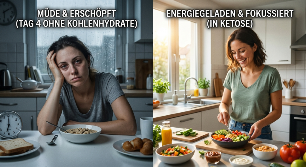 Eine müde Frau am Küchentisch im Kontrast zu einer energiegeladenen Frau in der Küche bei einer Low-Carb-Diät.