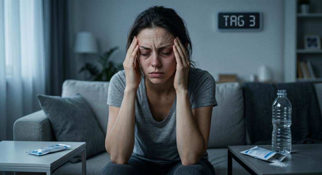 Frau mit Kopfschmerzen auf dem Sofa leidet an der Keto-Grippe bei der Nahrungsumstellung.