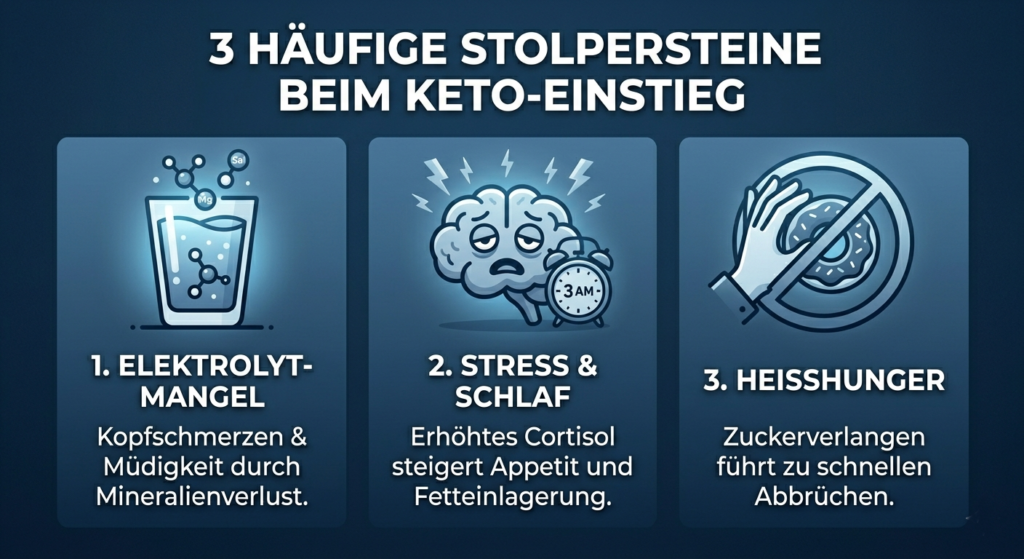 Infografik zu den 3 häufigsten Fehlern beim Keto-Einstieg: Elektrolytmangel, Stress und Heißhunger.
