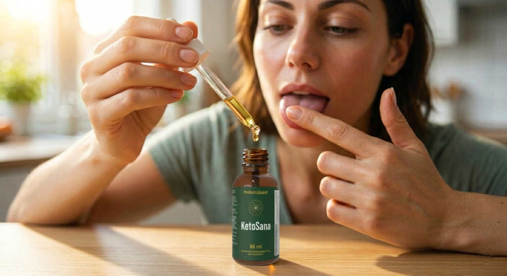 Die richtige Anwendung von Ketosana Tropfen: Sublinguale Einnahme mit einer Pipette für bessere Aufnahme.