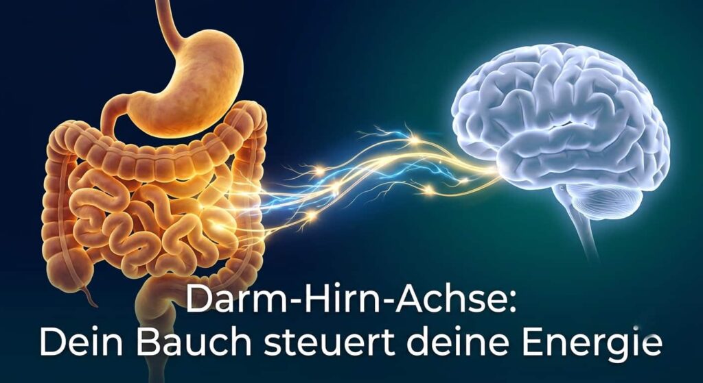 Illustration der Darm-Hirn-Achse mit leuchtendem Nervenpfad zwischen Darm und Gehirn — Energie und Gesundheit verbunden durch den Vagusnerv