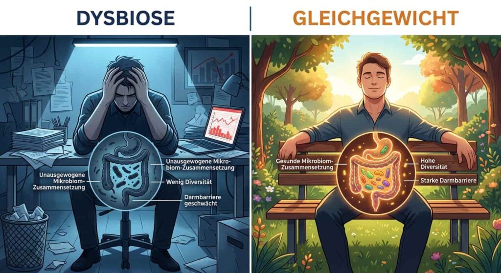 Vergleich: Darmdysbiose durch Stress auf der linken Seite vs. gesundes Mikrobiom-Gleichgewicht auf der rechten Seite