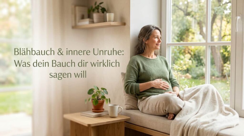 Frau mit Hand auf dem Bauch als Symbolbild für Blähbauch und innere Unruhe