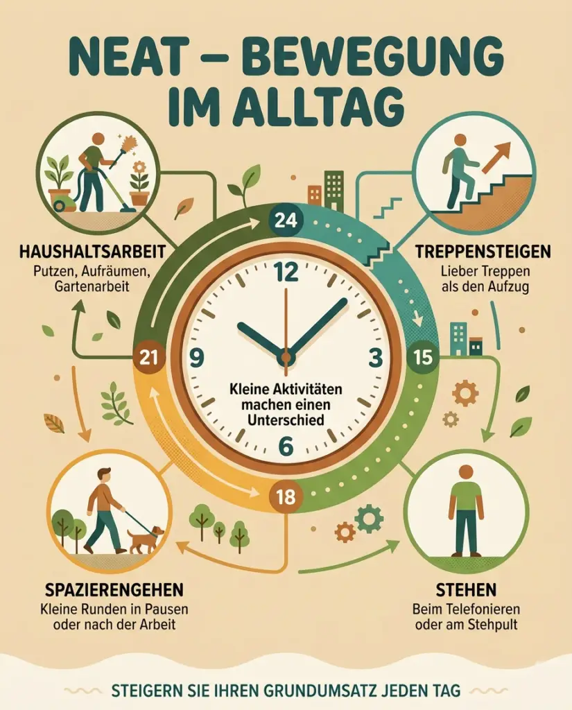 Infografik zu NEAT: Wie Alltagsbewegung den Stoffwechsel anregt und Kalorien verbrennt