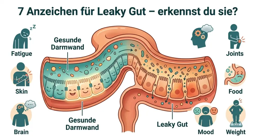 Leaky Gut Syndrom Anzeichen – Illustration zeigt gesunde Darmwand im Vergleich zu durchlässiger Darmbarriere mit 7 Körpersymptomen