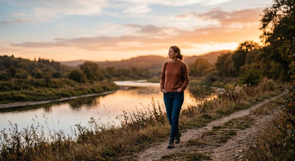Entspannter Spaziergang zur Aktivierung des Vagusnervs gegen stressbedingte Bauchbeschwerden