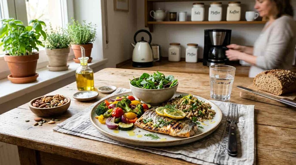 Gesunde Ernährung gegen Bauchfett – bunte Mahlzeit mit Proteinen, Ballaststoffen und gesunden Fetten auf einem Holztisch