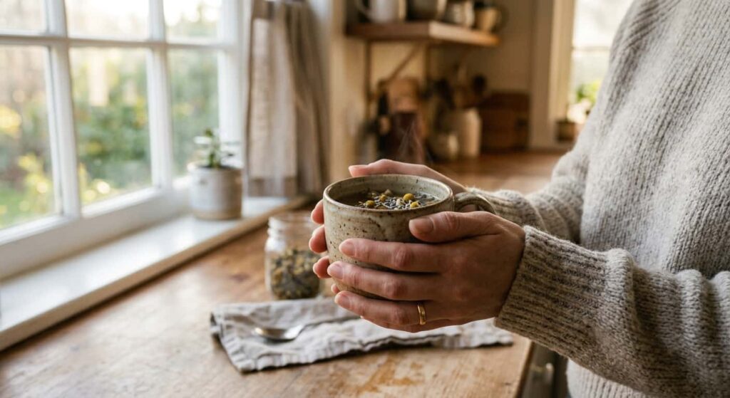 Morgenritual zur natürlichen Darmreinigung – warmer Kräutertee als Teil einer Entgiftungskur