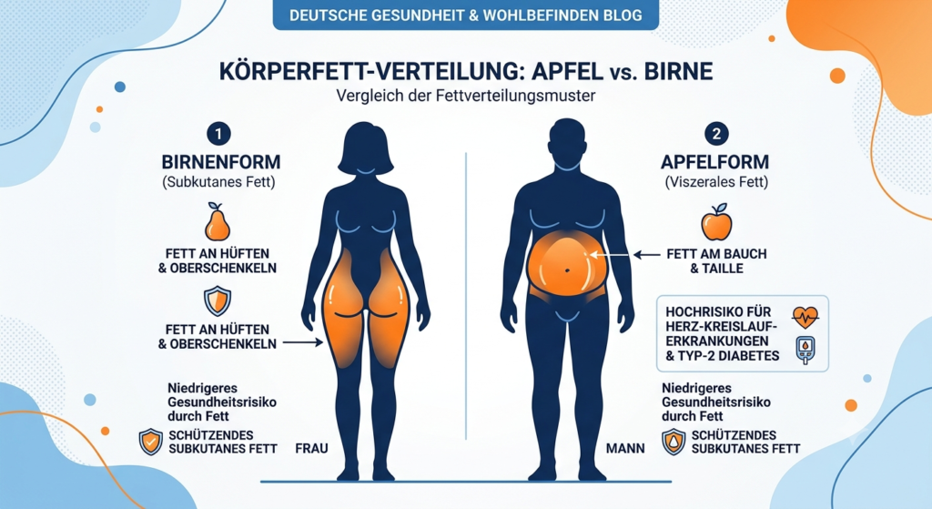 Körperfettverteilung Vergleich: Apfeltyp mit Bauchfett vs. Birnentyp mit Hüftfett – Risikodarstellung