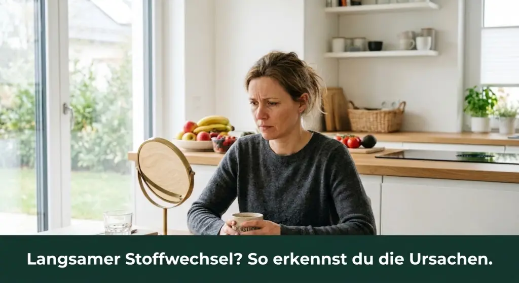 Frau mit langsamem Stoffwechsel sitzt müde am Frühstückstisch – Ursachen und Lösungen für trägen Metabolismus