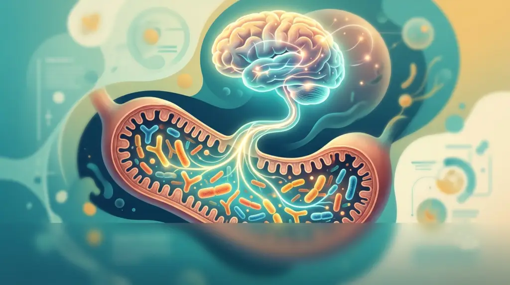 Darmbakterien Einfluss auf Wohlbefinden - Darm-Hirn-Achse Illustration mit Mikrobiom und Gehirnverbindung