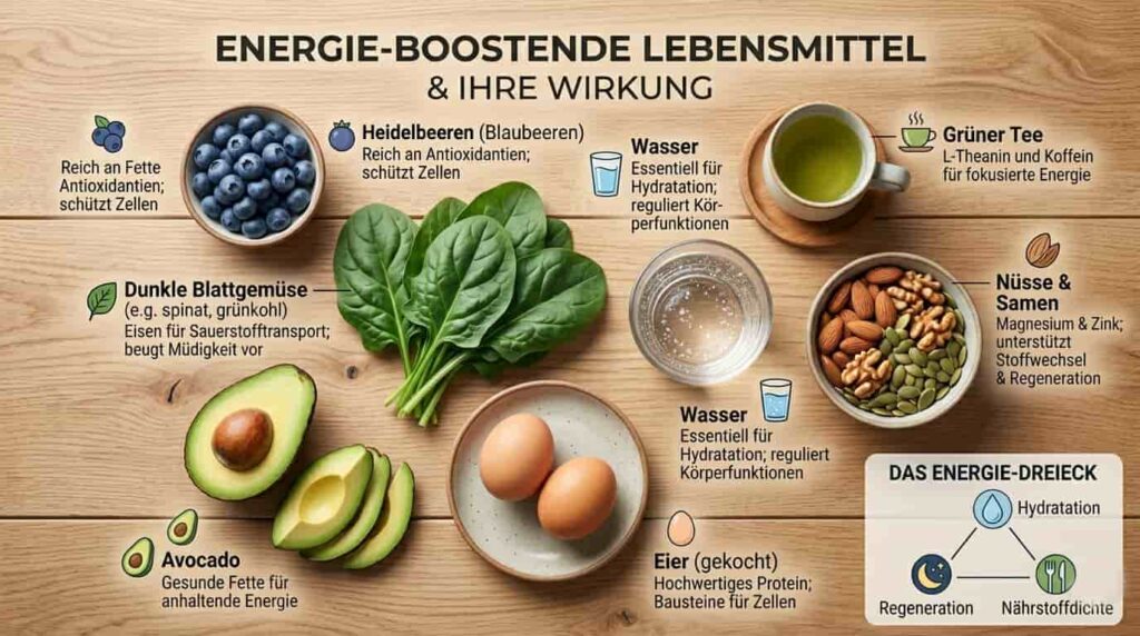 Gesunde Lebensmittel gegen viszerales Bauchfett wie Lachs, Avocado, Nüsse und Beeren auf einem hellen Holztisch mit einem Maßband.