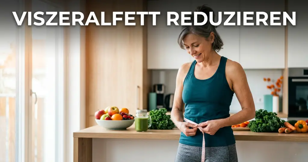 Person misst Taillenumfang in der Küche – Thema gefährliches Viszeralfett