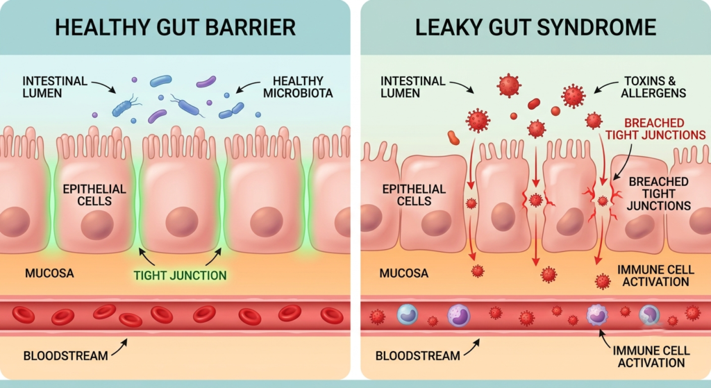 Vergleich gesunde Darmwand vs Leaky Gut – Tight Junctions offen und geschlossen im Querschnitt