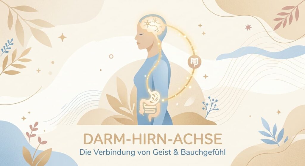Illustration der Darm-Hirn-Achse als Verbindung zwischen Kopf und aufgeblähtem Bauch durch Stress