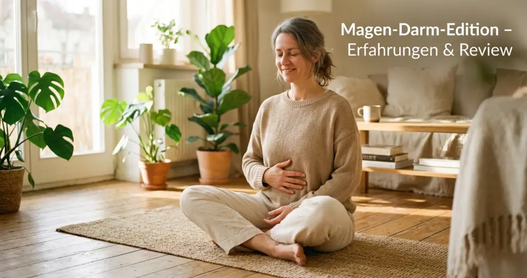 Frau sitzt entspannt mit Hand auf Bauch – symbolisiert Wohlbefinden nach Zurück zum Ursprung Magen-Darm-Edition Kurs