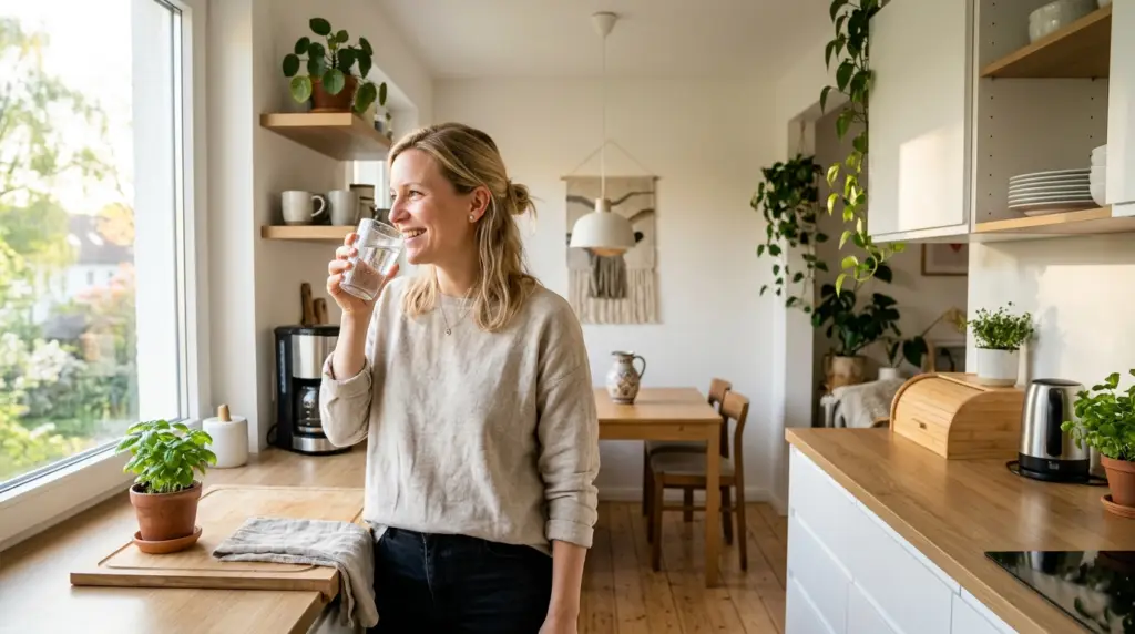 Frau trinkt morgens ein Glas Wasser, um ihren Stoffwechsel anzuregen und energiegeladen in den Tag zu starten