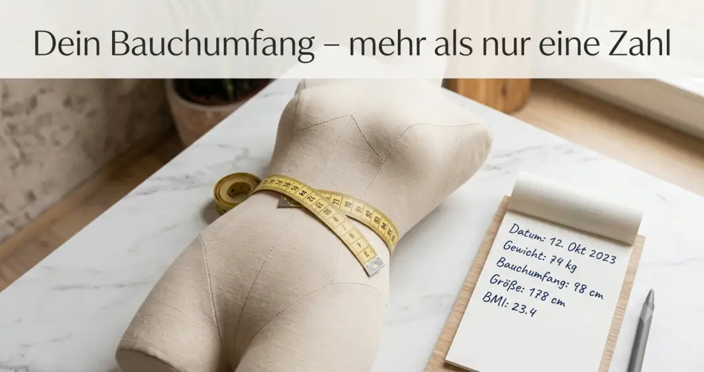 Maßband um eine Körpermitte gelegt als Symbol für Bauchumfang messen und Gesundheitsrisiko einschätzen