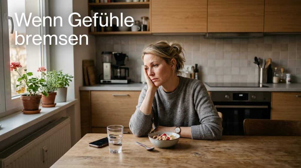 Erschöpfte Frau am Frühstückstisch – wenn Emotionen den Stoffwechsel blockieren