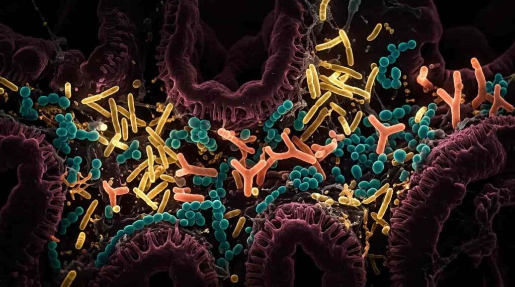 Verschiedene Darmbakterien-Arten unter dem Mikroskop - Lactobacillus und Bifidobacterium Stämme als bunte leuchtende Organismen
