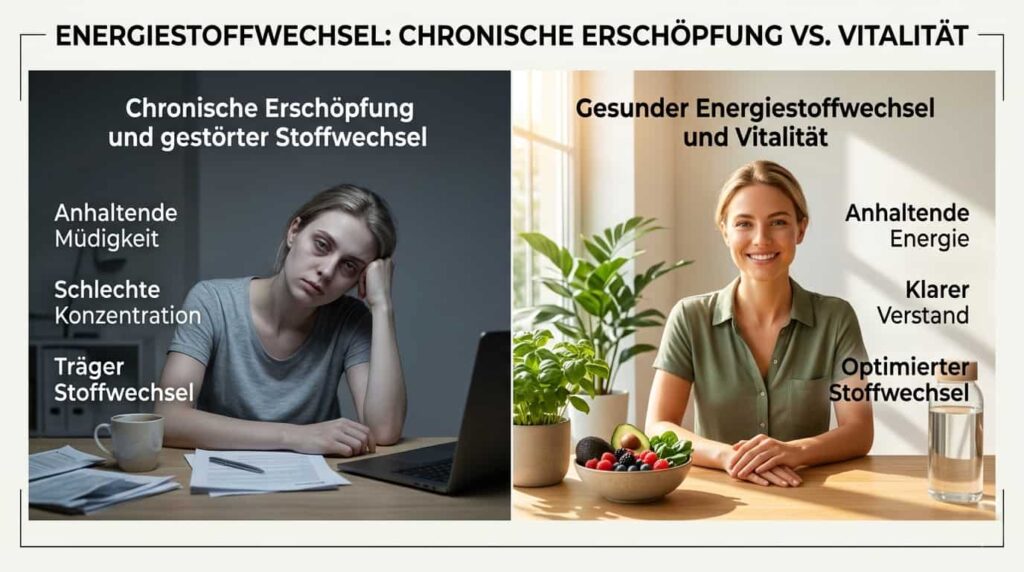 Vergleich einer erschöpften und einer energiereichen Person – Energiehaushalt und Mitochondrien im Ungleichgewicht