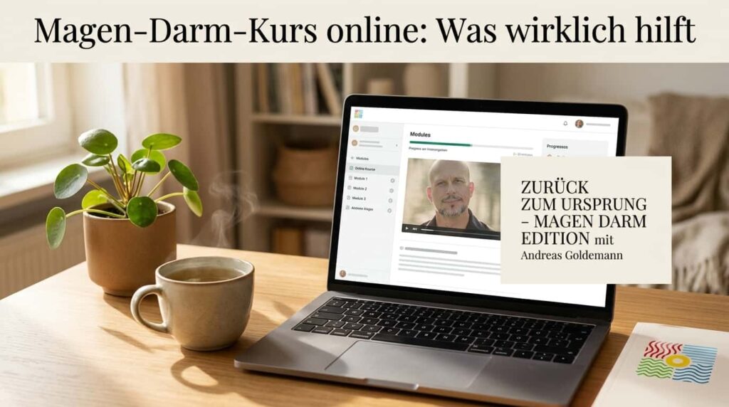 Frau öffnet auf dem Laptop einen Magen-Darm-Onlinekurs – Vergleich der besten Programme 2026