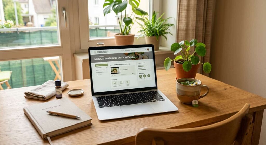 Person öffnet einen Online-Gesundheitskurs auf dem Laptop