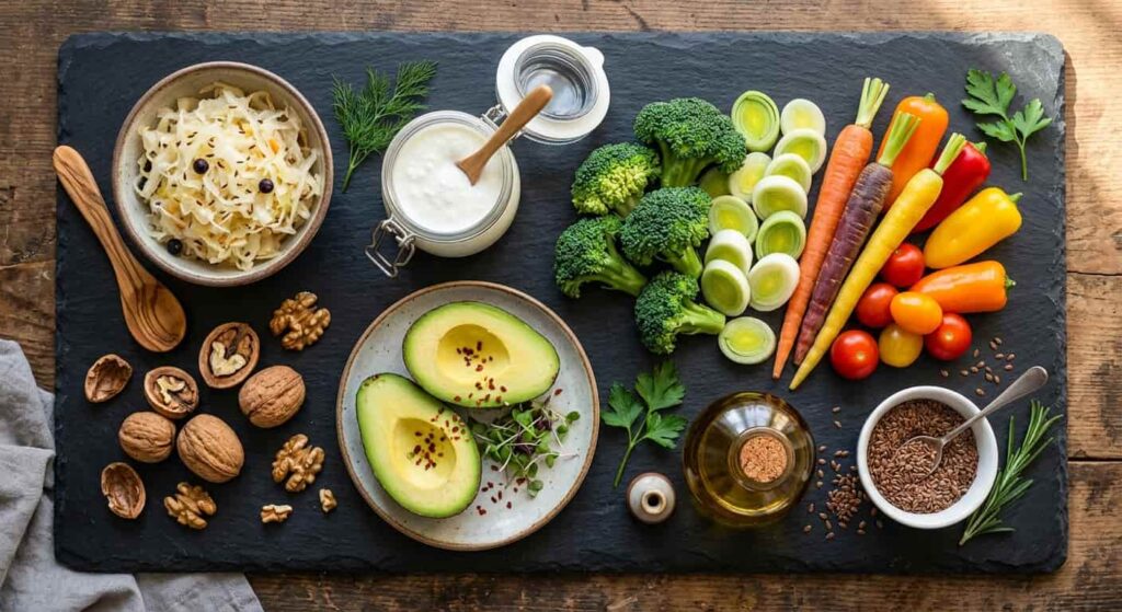 Darmgesundheit fördern durch fermentierte Lebensmittel, Ballaststoffe und Omega-3-reiche Zutaten wie Walnüsse, Sauerkraut und Olivenöl
