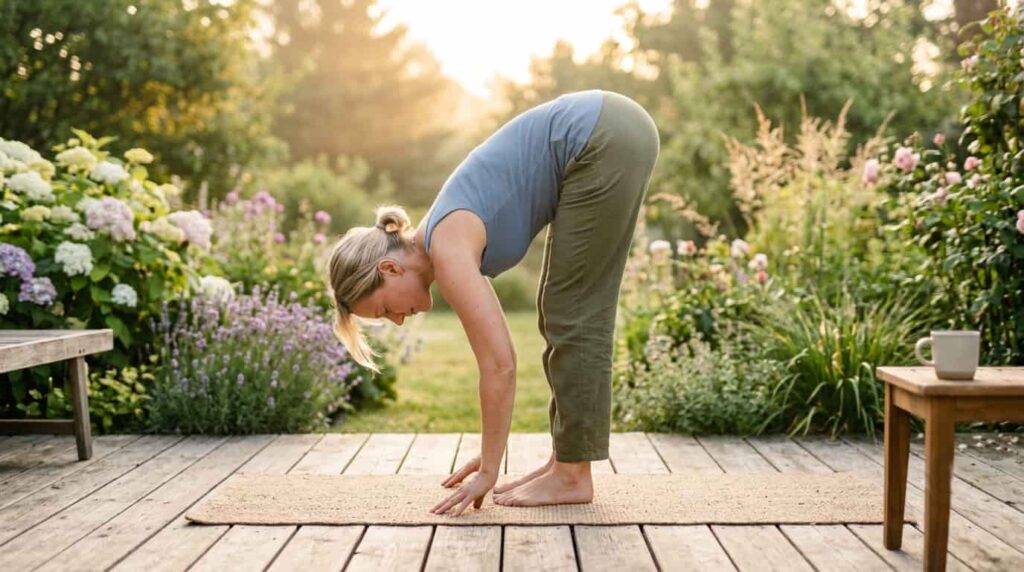 Frau macht Yoga gegen Stressbauch und hohen Cortisolspiegel – sanfte Bewegung als Cortisol-Regulation