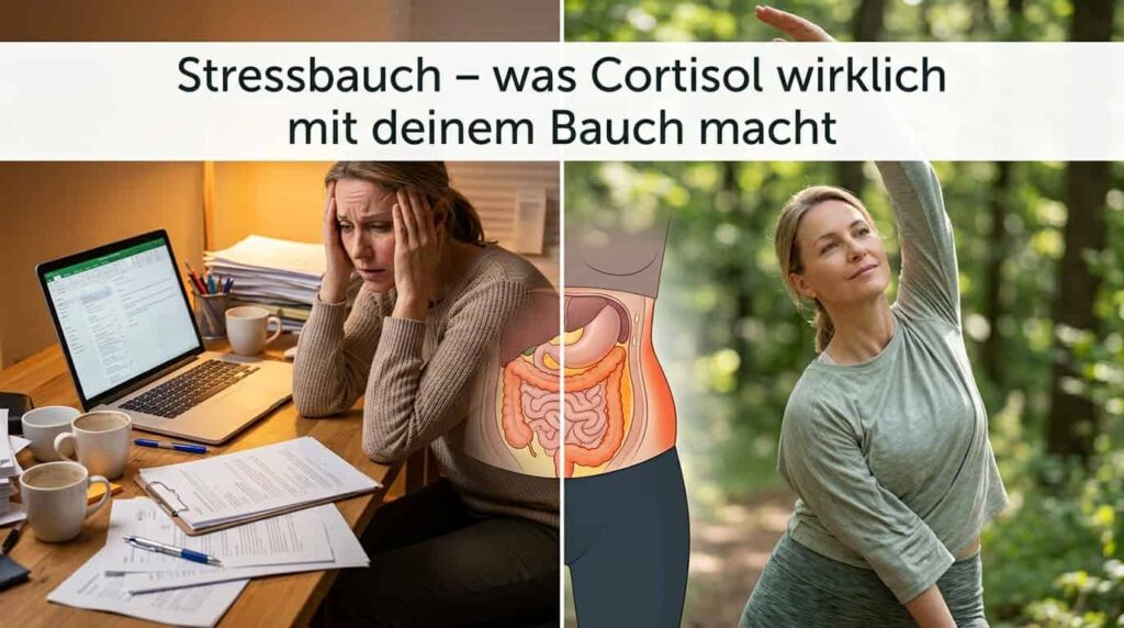 Frau unter chronischem Stress mit Stressbauch durch Cortisol – Vorher-Nachher Darstellung viszerales Bauchfett