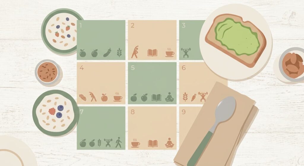 Visualisierung des 9-Wochen-Darm-Reset-Plans mit Symbolen für Ernährung und Entspannung