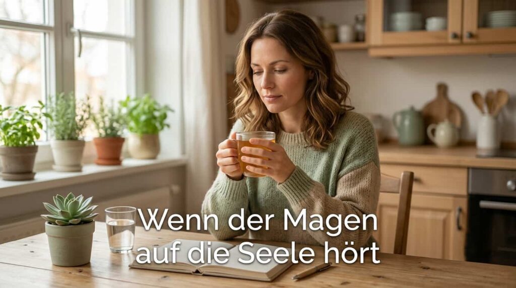 Frau hält Kräutertee und reflektiert über emotionale Ursachen von Sodbrennen