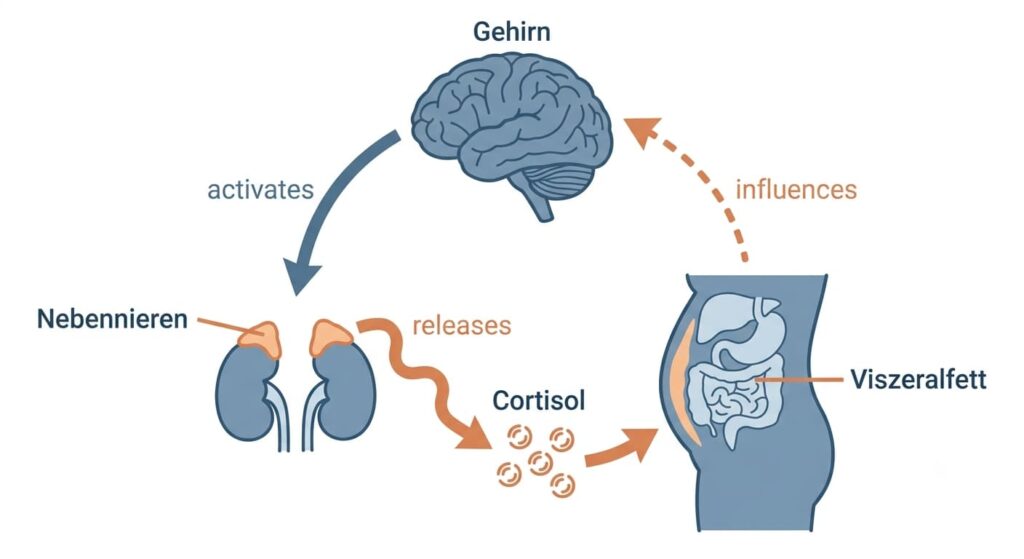 Infografik zeigt den Cortisol-Kreislauf vom Gehirn über die Nebennieren zum viszeralen Bauchfett – Entstehung des Stressbauchs