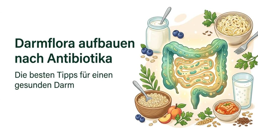 Illustration zum Thema Darmflora aufbauen nach Antibiotika mit Symbolen für Probiotika und Ballaststoffe