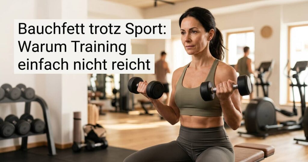 Frau trainiert mit Kurzhanteln gegen hartnäckiges Bauchfett trotz Sport