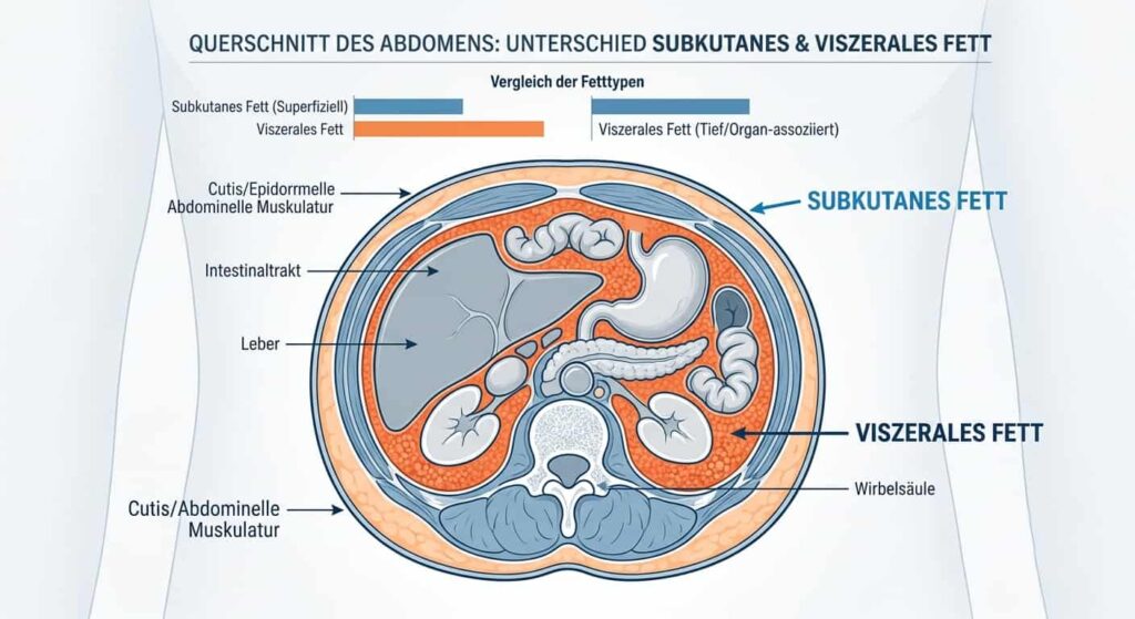 Infografik zeigt den Unterschied zwischen subkutanem und viszeralem Bauchfett