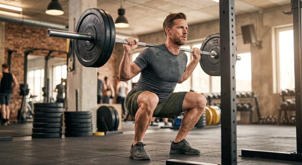 Mann führt Krafttraining mit Langhantel gegen hartnäckiges Bauchfett durch