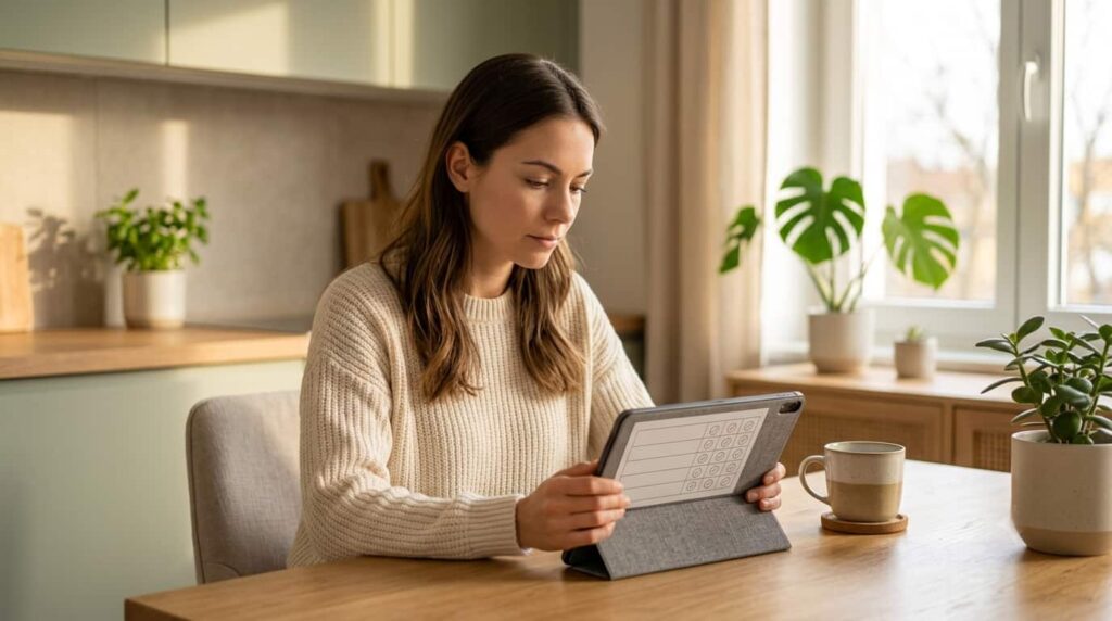 Frau prüft am Tablet einen Sicherheits-Check, bevor sie eine Kaufentscheidung zur Magen-Darm-Edition trifft.