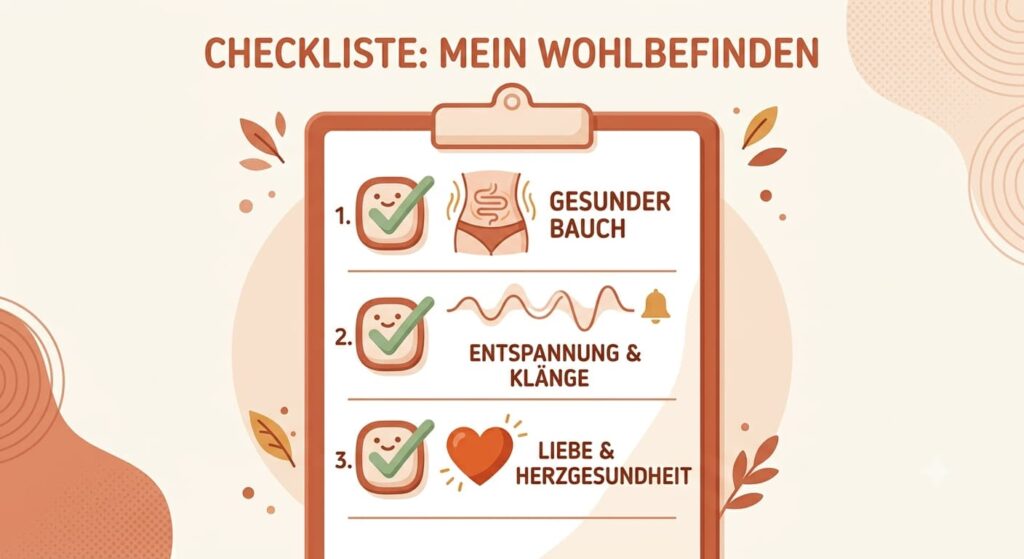 Checkliste zur Selbsteinschätzung der Magen-Darm-Edition Zielgruppe mit Symbolen für Bauch und Wohlbefinden.