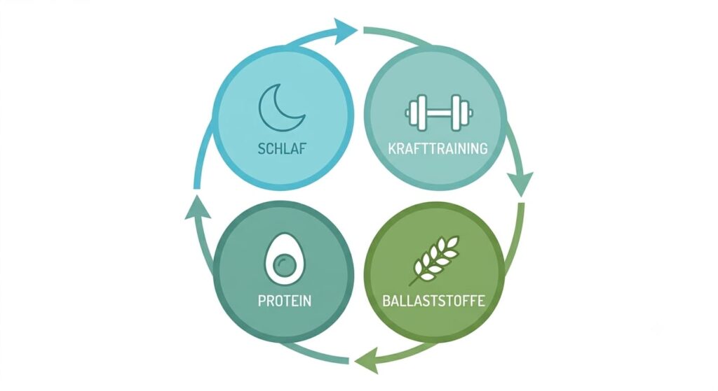 Kreisdiagramm der vier Säulen Schlaf, Krafttraining, Ballaststoffe und Protein gegen hartnäckiges Bauchfett.