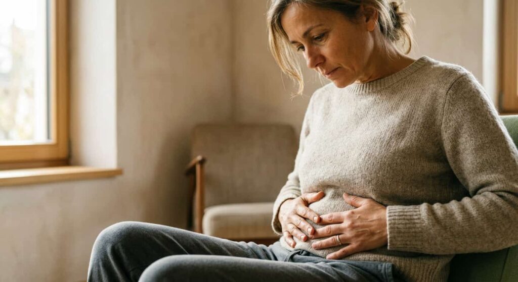 Infografik der vier häufigsten hormonellen Bauchfett-Typen: Cortisol, Östrogen, Schilddrüse und Insulin
