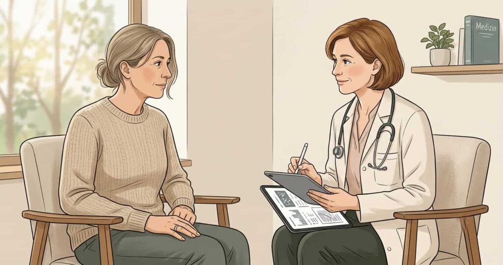 Ärztliches Gespräch zur Abklärung der Warnsignale eines hormonell bedingten Bauchfetts