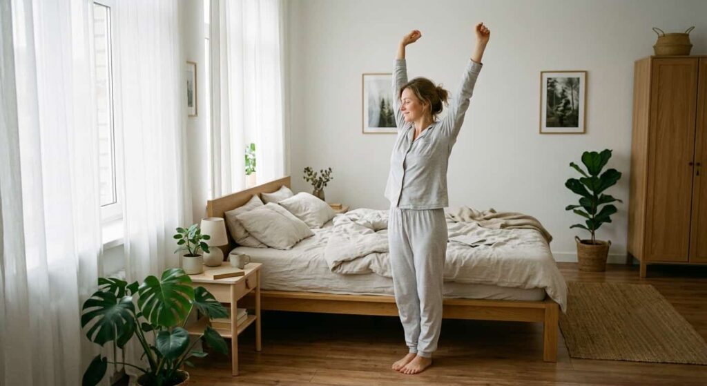 Ausgeruhte Frau steht morgens auf, Symbolbild für erholsamen Schlaf und nachhaltigen Bauchfettabbau.