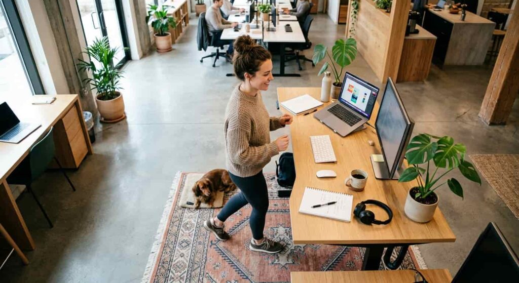 Stehpause im Büroalltag als NEAT-Beispiel für mehr Alltagsbewegung ohne Sportprogramm.