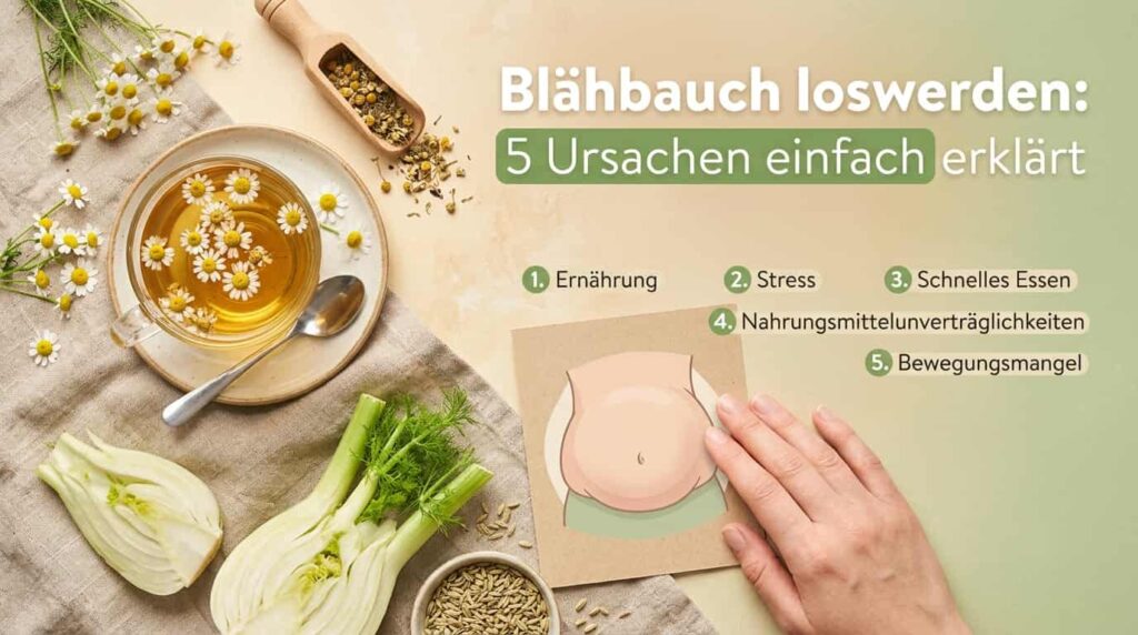 Feature-Bild zum Ratgeber „Blähbauch loswerden: Die 5 häufigsten Ursachen einfach erklärt“.