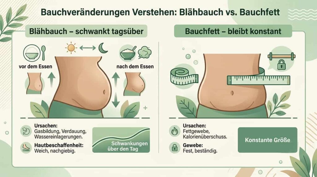Infografik zum Unterschied zwischen kurzfristigem Blähbauch und dauerhaftem Bauchfett.