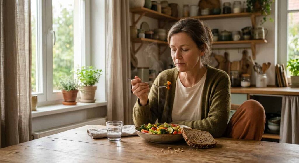 Achtsames, langsames Essen als Alltagsgewohnheit gegen Blähbauch.