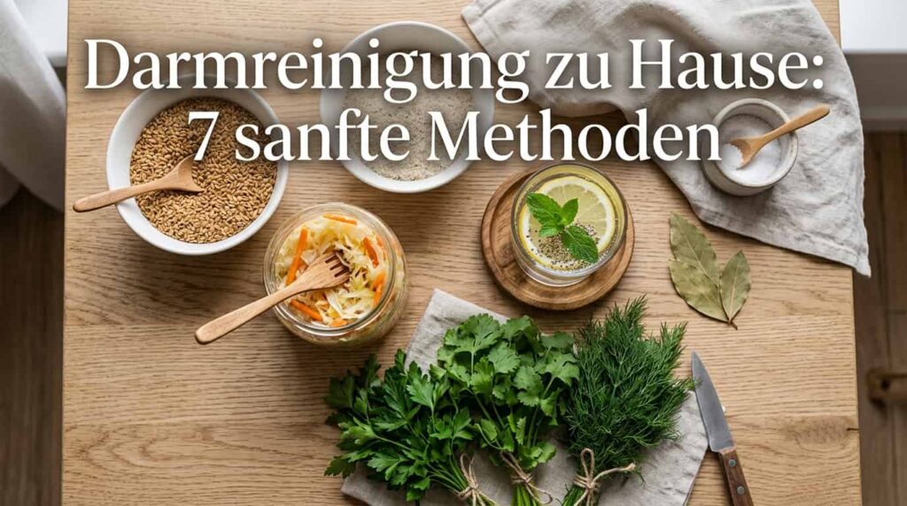 Flatlay mit Leinsamen, Wasser und fermentierten Lebensmitteln als Symbol für Darmreinigung zu Hause