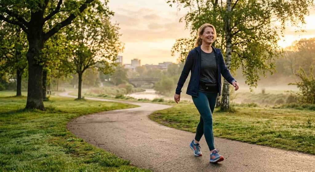 Frau geht morgens spazieren, um die Darmbewegung auf natürliche Weise anzuregen
