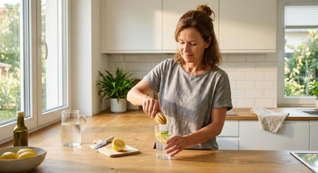 Frau bereitet morgens ein Glas Wasser zur Unterstützung der Darmreinigung zu Hause vor